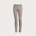 A pair of slim-fit, straight-leg pants in a light taupe-beige color, shown against a solid off-white background. 7 For All Mankind Slimmy Sateen Jeans. Sakks Menswear Southampton.