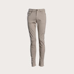 A pair of slim-fit, straight-leg pants in a light taupe-beige color, shown against a solid off-white background. 7 For All Mankind Slimmy Sateen Jeans. Sakks Menswear Southampton.