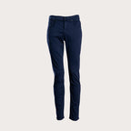 A pair of dark navy blue slim-fit jeans shown on a headless mannequin form against a solid light beige background. 7 For All Mankind Slimmy Sateen Jeans. Sakks Menswear Southampton.