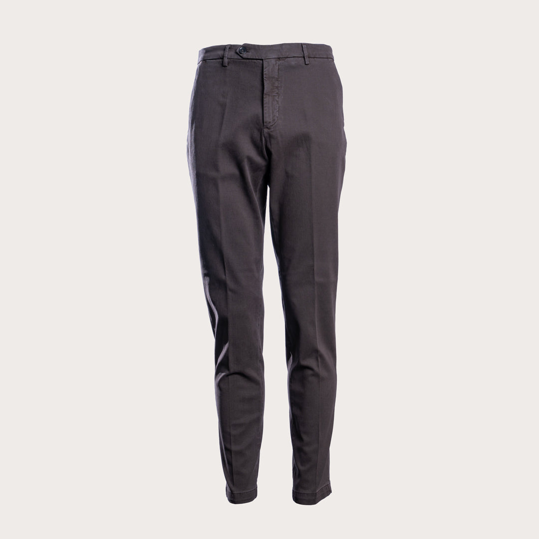 A pair of dark charcoal gray slim-fit trousers shown flat against a light beige background. Briglia 1949 Trousers available at Sakks Menswear in Southampton.
