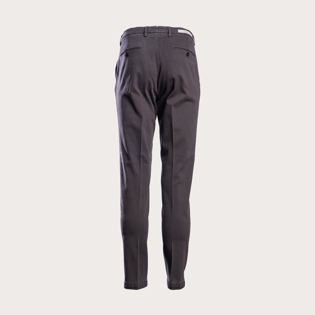 Dark gray slim-fit trousers shown from the back, featuring a belt loop, two rear welt pockets, and a button closure, set against a solid light gray background. Briglia 1949 Trousers available at Sakks Menswear in Southampton.
