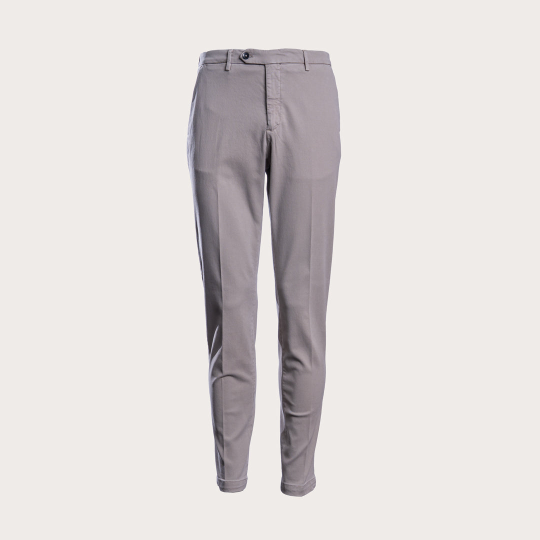 A pair of slim-fit, light grey chino pants shown on a clean, solid, off-white background. Briglia 1949 Trousers available at Sakks Menswear in Southampton.