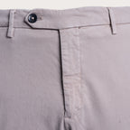 Close-up of the waistband of light gray trousers, showing the button closure, belt loops, and front seam. Briglia 1949 Trousers available at Sakks Menswear in Southampton.