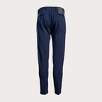 A pair of navy blue trousers shown from the back, featuring a clean silhouette with a small dark brand patch on the back waistband, set against a solid light gray background. Briglia 1949 Trousers available at Sakks Menswear in Southampton.