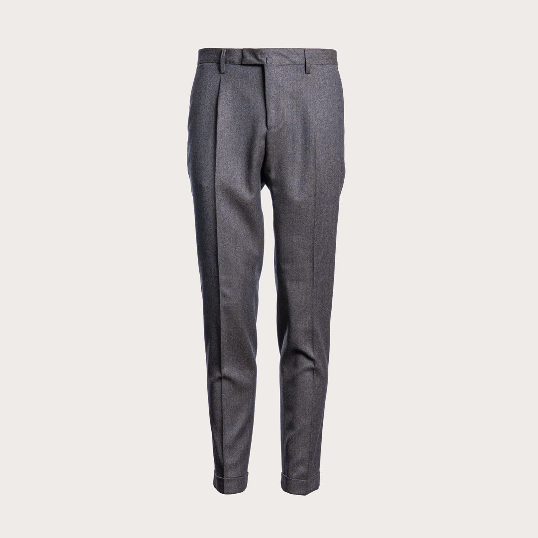 A pair of dark gray, slim-fit trousers with front pleats, shown against a solid light beige background. Briglia 1949 Trousers available at Sakks Menswear in Southampton.