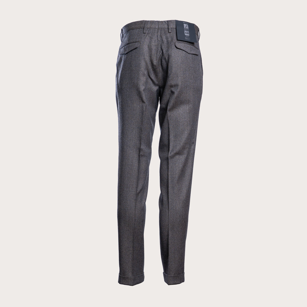 A pair of dark gray slim-fit trousers shown from the back, featuring a subtle houndstooth pattern, belt loops, and back pockets, set against a solid light gray background. Briglia 1949 Trousers available at Sakks Menswear in Southampton.