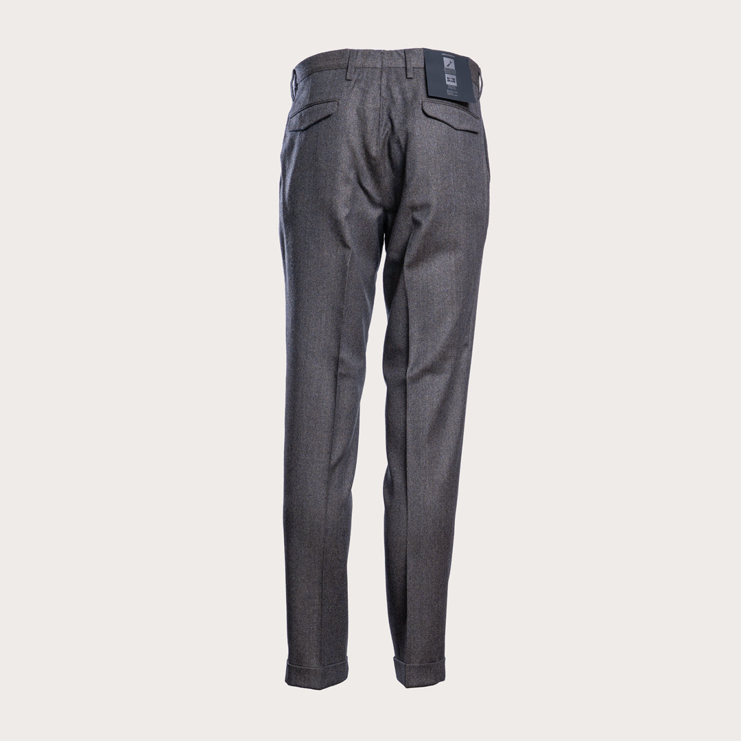A pair of dark gray slim-fit trousers shown from the back, featuring a subtle houndstooth pattern, belt loops, and back pockets, set against a solid light gray background. Briglia 1949 Trousers available at Sakks Menswear in Southampton.