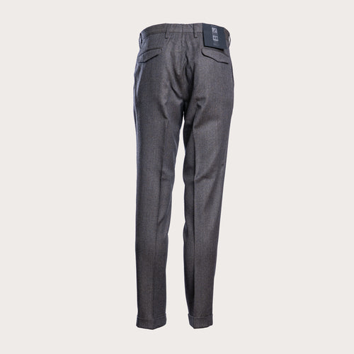 A pair of dark gray slim-fit trousers shown from the back, featuring a subtle houndstooth pattern, belt loops, and back pockets, set against a solid light gray background. Briglia 1949 Trousers available at Sakks Menswear in Southampton.