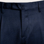 Close-up of dark navy blue trousers showing the front waistband, belt loops, and center front seam. Briglia 1949 Trousers available at Sakks Menswear in Southampton.