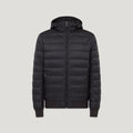 A black hooded puffer jacket with horizontal quilting, a full front zipper, ribbed cuffs and hem, and a small tan brand patch on the left sleeve, shown against a light grey background. Belstaff Down Jacket. Sakks Menswear Southampton.