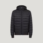 A black hooded puffer jacket with horizontal quilting, a full front zipper, ribbed cuffs and hem, and a small tan brand patch on the left sleeve, shown against a light grey background. Belstaff Down Jacket. Sakks Menswear Southampton.