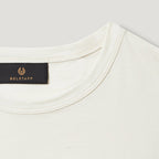 Close-up of a cream-colored crewneck t-shirt showing the inner collar with a black BELSTAFF brand label. Belstaff T-Shirt. Sakks Menswear Southampton.