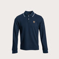 A navy blue long-sleeve polo shirt shown from the front, featuring a thin white stripe detail along the collar, set against a solid light beige background. Belstaff Long Sleeved Polo. Sakks Menswear Southampton.