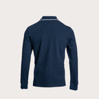 A navy blue long-sleeve polo shirt shown from the back, featuring a thin white stripe detail along the collar, set against a solid light beige background. Belstaff Long Sleeved Polo. Sakks Menswear Southampton.