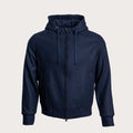 A navy blue zip-up hoodie with a drawstring hood and front pockets, displayed on a neutral light gray background. Circolo 1901 Hoodie available at Sakks Menswear in Southampton.
