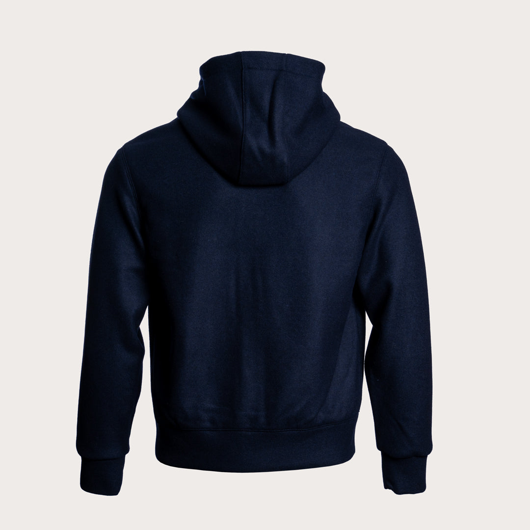 A dark navy blue hoodie shown from the back, displayed on a clean, light beige background. Circolo 1901 Hoodie available at Sakks Menswear in Southampton.