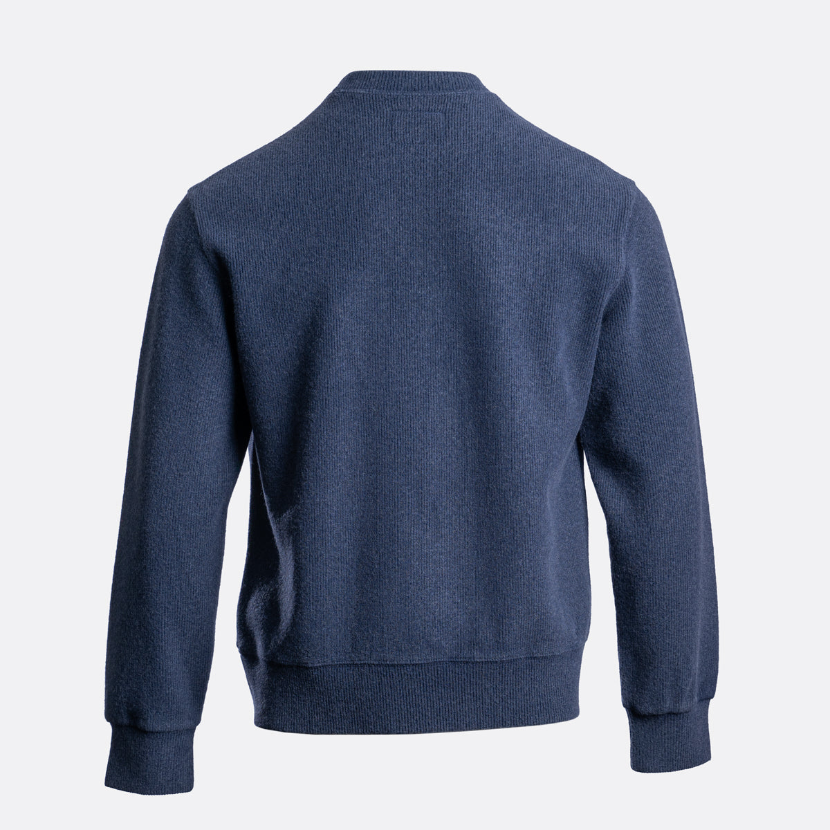 A navy blue knit sweater shown from the back, featuring a crew neck, ribbed collar, cuffs, and hem, on a light gray background. Circolo 1901 Jumper available at Sakks Menswear in Southampton.