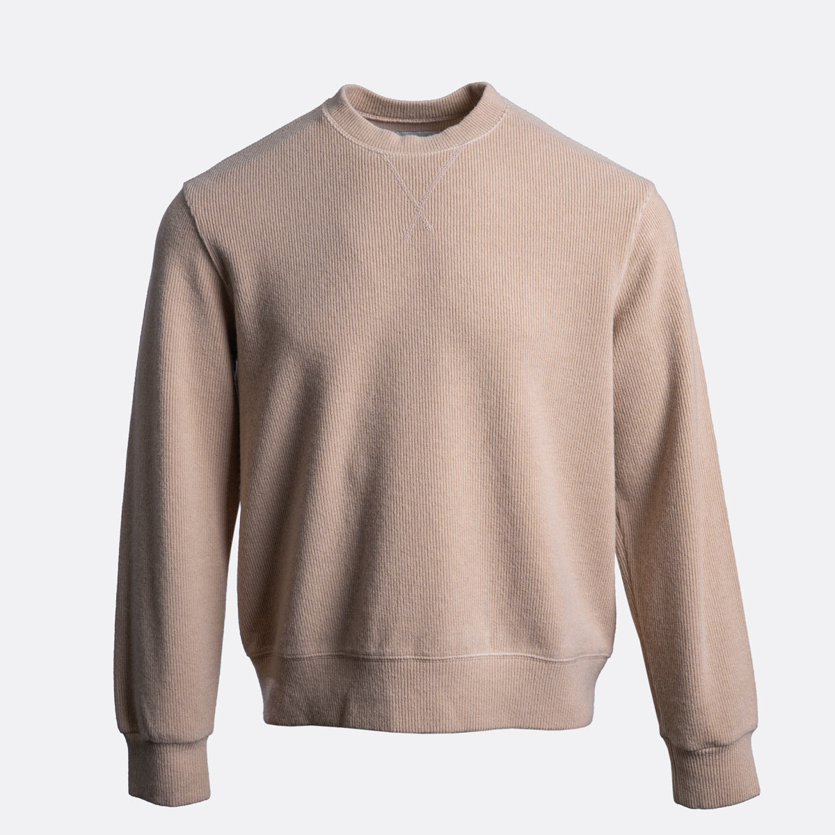 A light beige crewneck sweatshirt with a fine ribbed texture, shown against a plain light gray background. Circolo 1901 Jumper available at Sakks Menswear in Southampton.