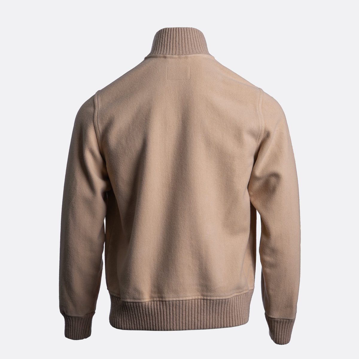 A beige knit sweater with a mock neck, ribbed collar, cuffs, and hem, shown from the back on a light gray background. Circolo 1901 Jacket available at Sakks Menswear in Southampton.