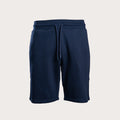 A pair of navy blue sweat shorts with an elastic waistband and matching drawstring, shown against a light gray background. Emporio Armani Shorts. Sakks Menswear Southampton.