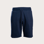 A pair of navy blue sweat shorts with an elastic waistband and matching drawstring, shown against a light gray background. Emporio Armani Shorts. Sakks Menswear Southampton.