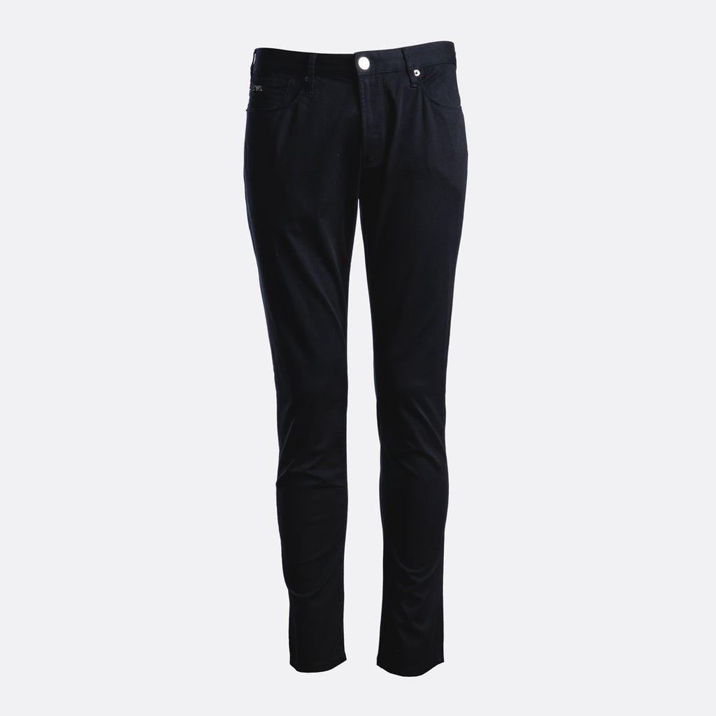 A pair of slim-fit black jeans shown flat against a light gray background. Emporio Armani Chinos. Sakks Menswear Southampton.
