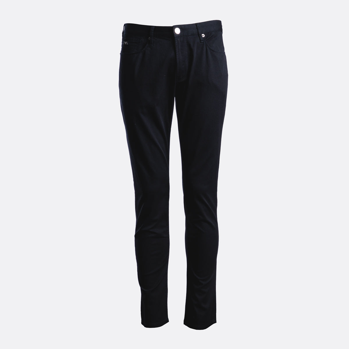 A pair of slim-fit black jeans shown flat against a light gray background. Emporio Armani Chinos. Sakks Menswear Southampton.