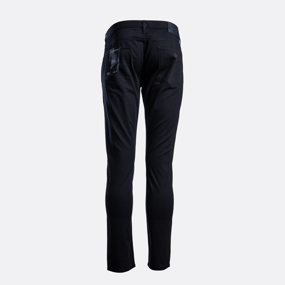 Black slim-fit pants shown from the back, featuring a button closure, belt loops, and two back pockets with a subtle logo on the right pocket, set against a plain light gray background. Emporio Armani Chinos. Sakks Menswear Southampton.
