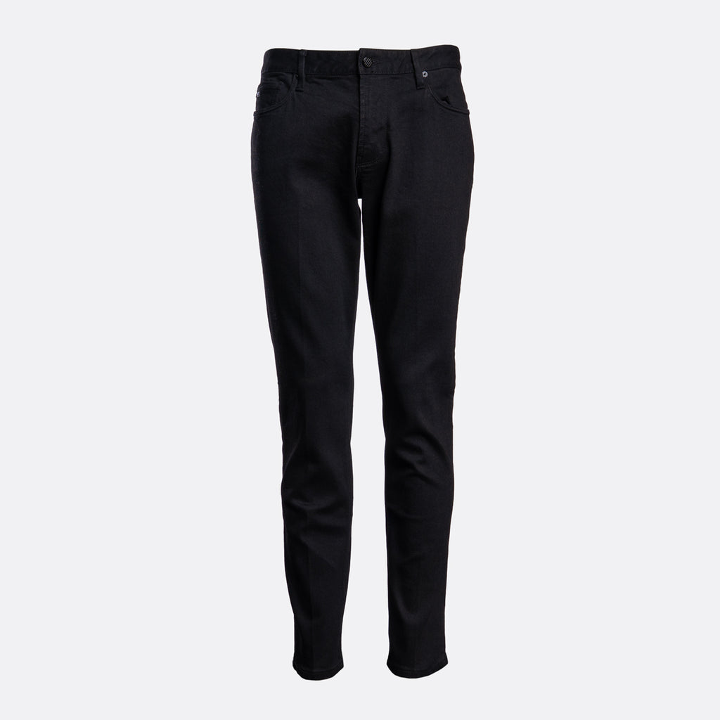 Black slim-fit jeans shown flat against a light gray background. Emporio Armani Jeans. Sakks Menswear Southampton.