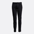 Black slim-fit jeans shown flat against a light gray background. Emporio Armani Jeans. Sakks Menswear Southampton.