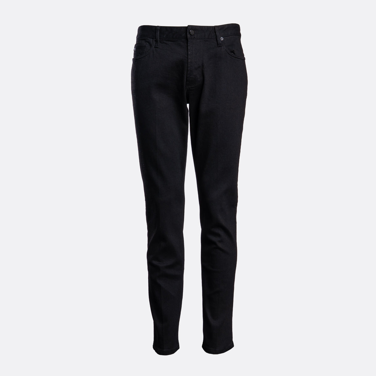 Black slim-fit jeans shown flat against a light gray background. Emporio Armani Jeans. Sakks Menswear Southampton.