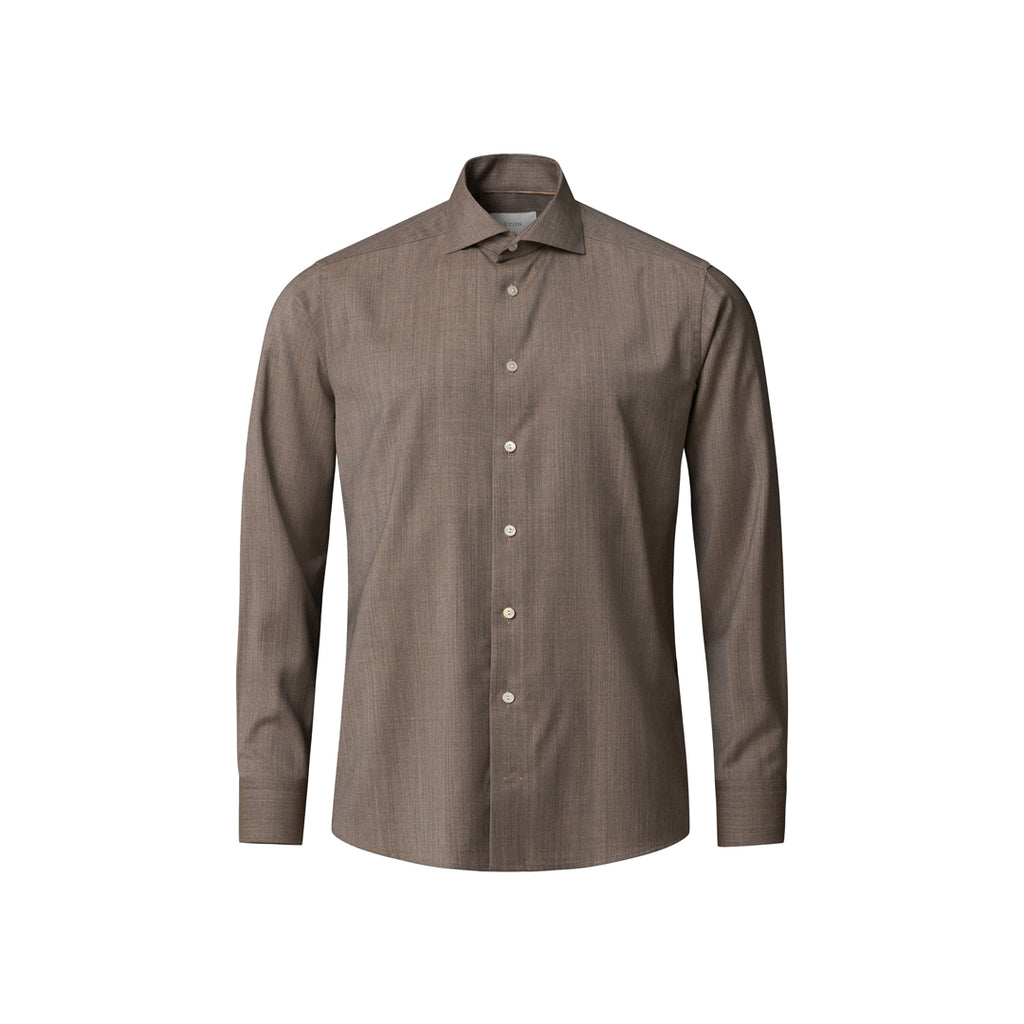 A long-sleeve button-down dress shirt in a textured taupe-brown fabric, shown on a plain white background. Eton Shirt available at Sakks Menswear in Southampton.
