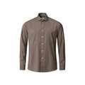 A long-sleeve button-down dress shirt in a textured taupe-brown fabric, shown on a plain white background. Eton Shirt available at Sakks Menswear in Southampton.