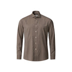 A long-sleeve button-down dress shirt in a textured taupe-brown fabric, shown on a plain white background. Eton Shirt available at Sakks Menswear in Southampton.