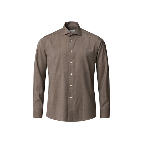 A long-sleeve button-down dress shirt in a textured taupe-brown fabric, shown on a plain white background. Eton Shirt available at Sakks Menswear in Southampton.