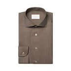 A folded brown dress shirt with a spread collar and button-down front, displayed on a clean white background. Eton Shirt available at Sakks Menswear in Southampton.