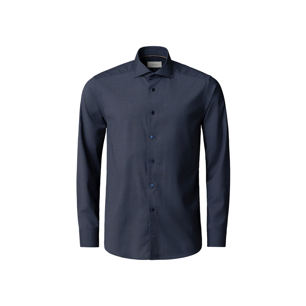 A dark navy blue long-sleeve button-down dress shirt with a classic collar, displayed on a clean white background. Eton Shirt available at Sakks Menswear in Southampton.