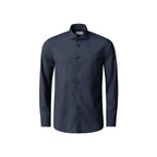 A dark navy blue long-sleeve button-down dress shirt with a classic collar, displayed on a clean white background. Eton Shirt available at Sakks Menswear in Southampton.