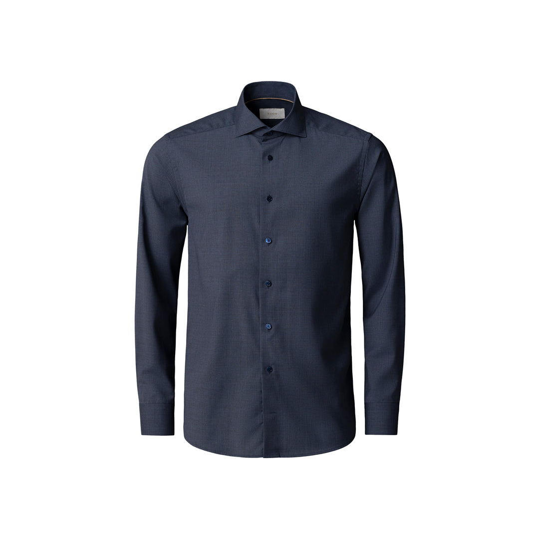 A dark navy blue long-sleeve button-down dress shirt with a classic collar, displayed on a clean white background. Eton Shirt available at Sakks Menswear in Southampton.