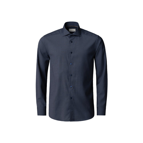 A dark navy blue long-sleeve button-down dress shirt with a classic collar, displayed on a clean white background. Eton Shirt available at Sakks Menswear in Southampton.