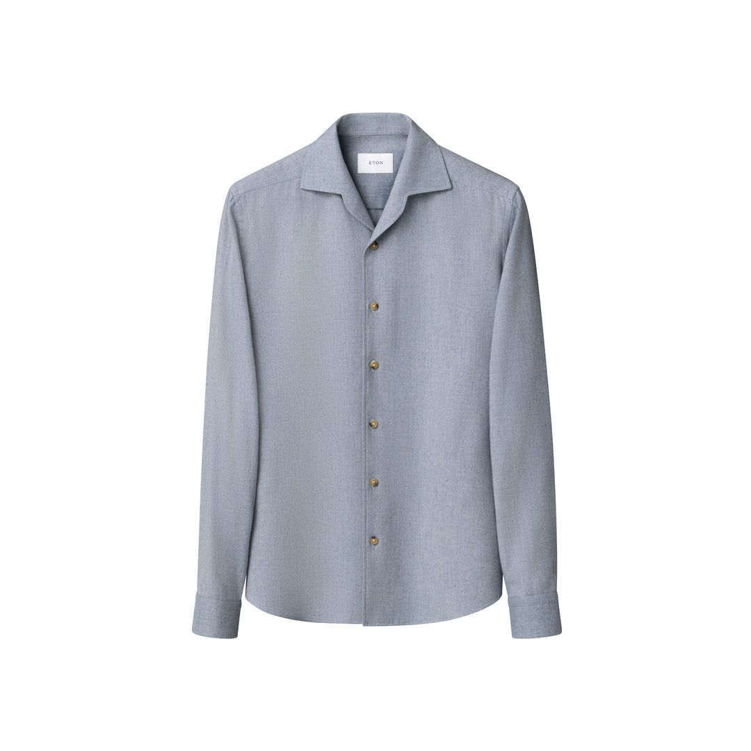 A light grey long-sleeve button-up shirt with a spread collar, displayed on a clean white background. Eton Shirt available at Sakks Menswear in Southampton.