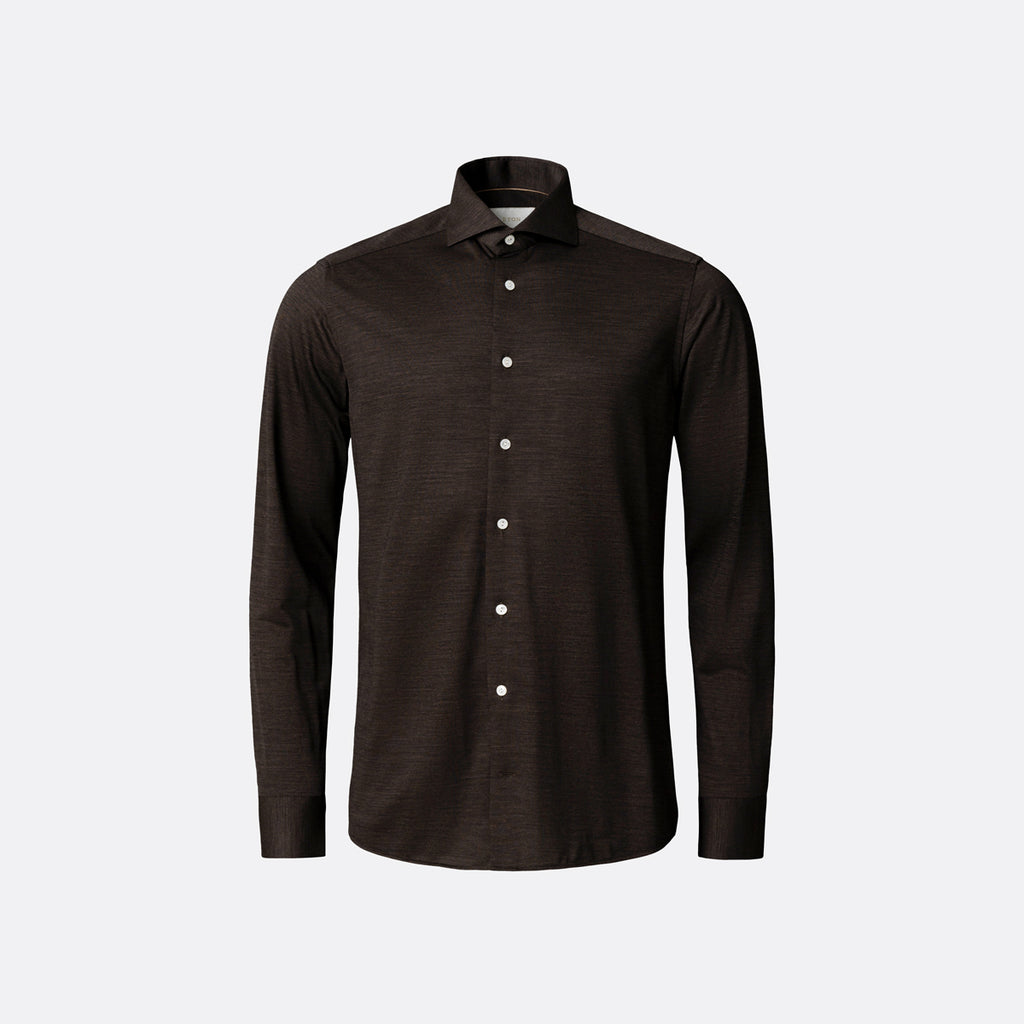 A dark brown long-sleeve button-down shirt with a subtle textured knit pattern, displayed on a clean light grey background. Eton Shirt available at Sakks Menswear in Southampton.