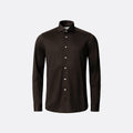 A dark brown long-sleeve button-down shirt with a subtle textured knit pattern, displayed on a clean light grey background. Eton Shirt available at Sakks Menswear in Southampton.