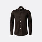 A dark brown long-sleeve button-down shirt with a subtle textured knit pattern, displayed on a clean light grey background. Eton Shirt available at Sakks Menswear in Southampton.