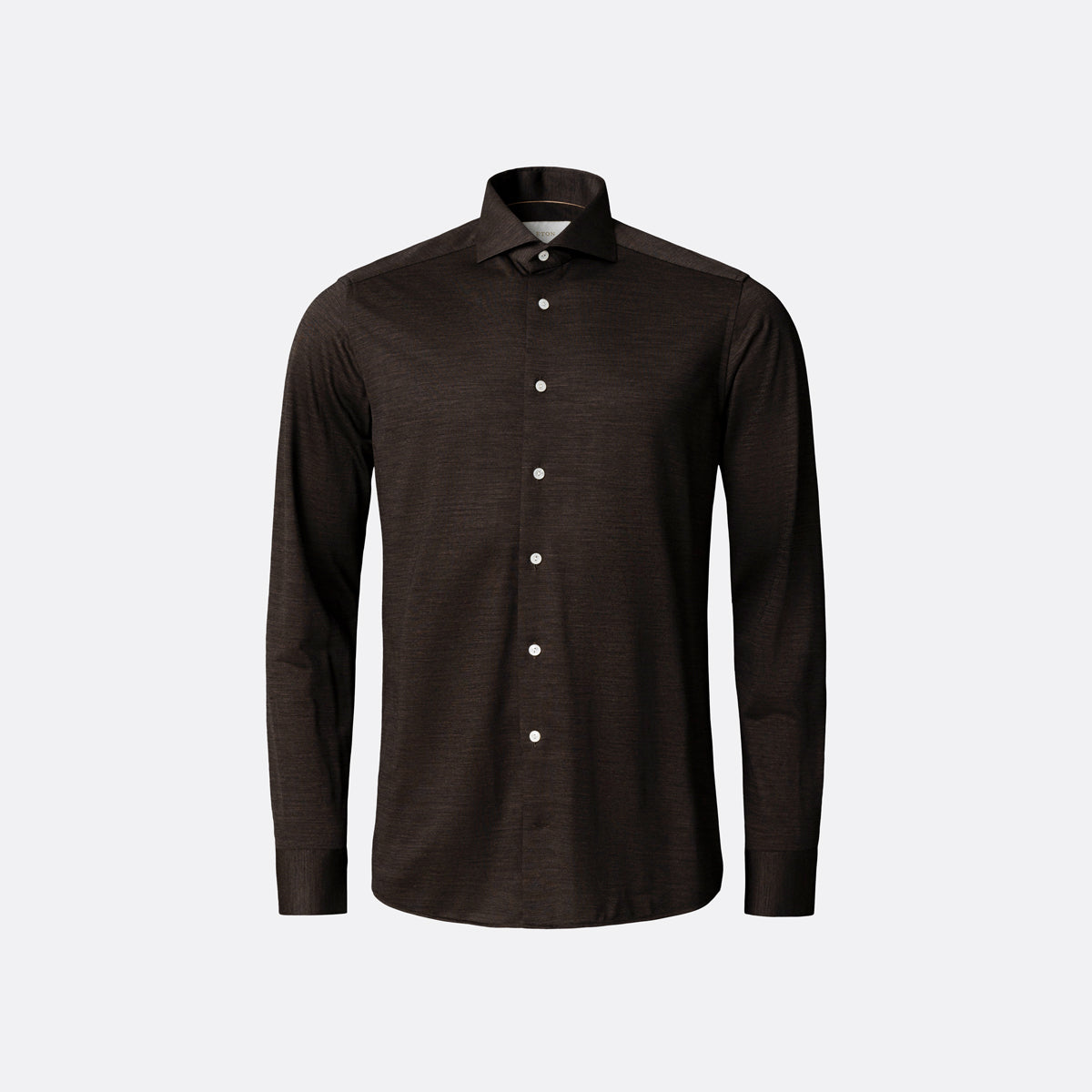A dark brown long-sleeve button-down shirt with a subtle textured knit pattern, displayed on a clean light grey background. Eton Shirt available at Sakks Menswear in Southampton.