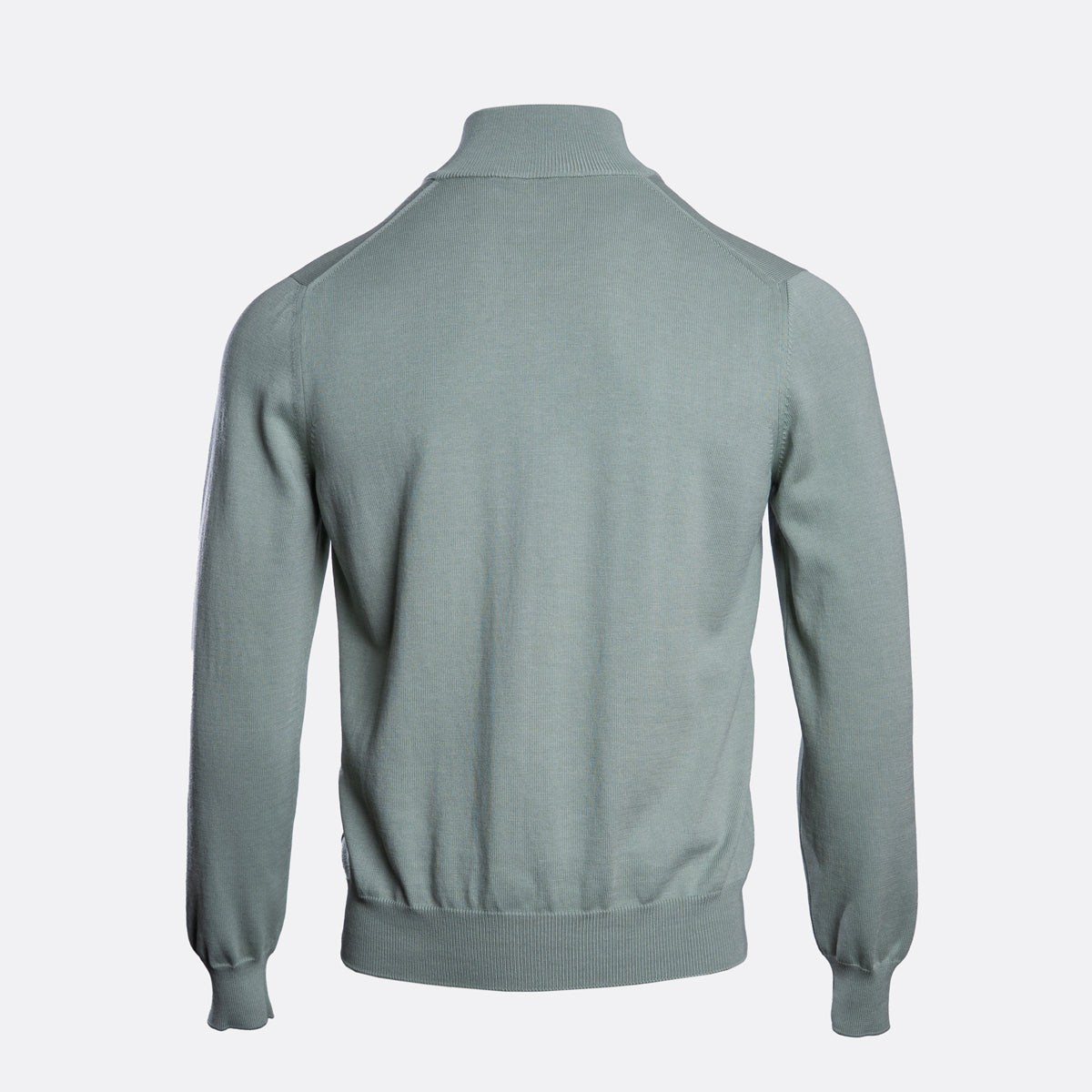 A sage green knit sweater shown from the back, featuring a mock neck, long sleeves, and ribbed cuffs and hem, displayed on a light gray background. Gran Sasso Knitwear available at Sakks Menswear in Southampton.