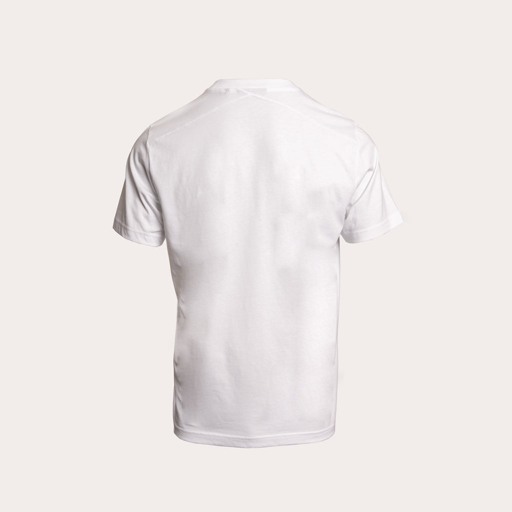 A white short-sleeve crewneck t-shirt shown from the back, displayed on a clean, solid, light beige background. MA.Strum T-Shirt available at Sakks Menswear in Southampton