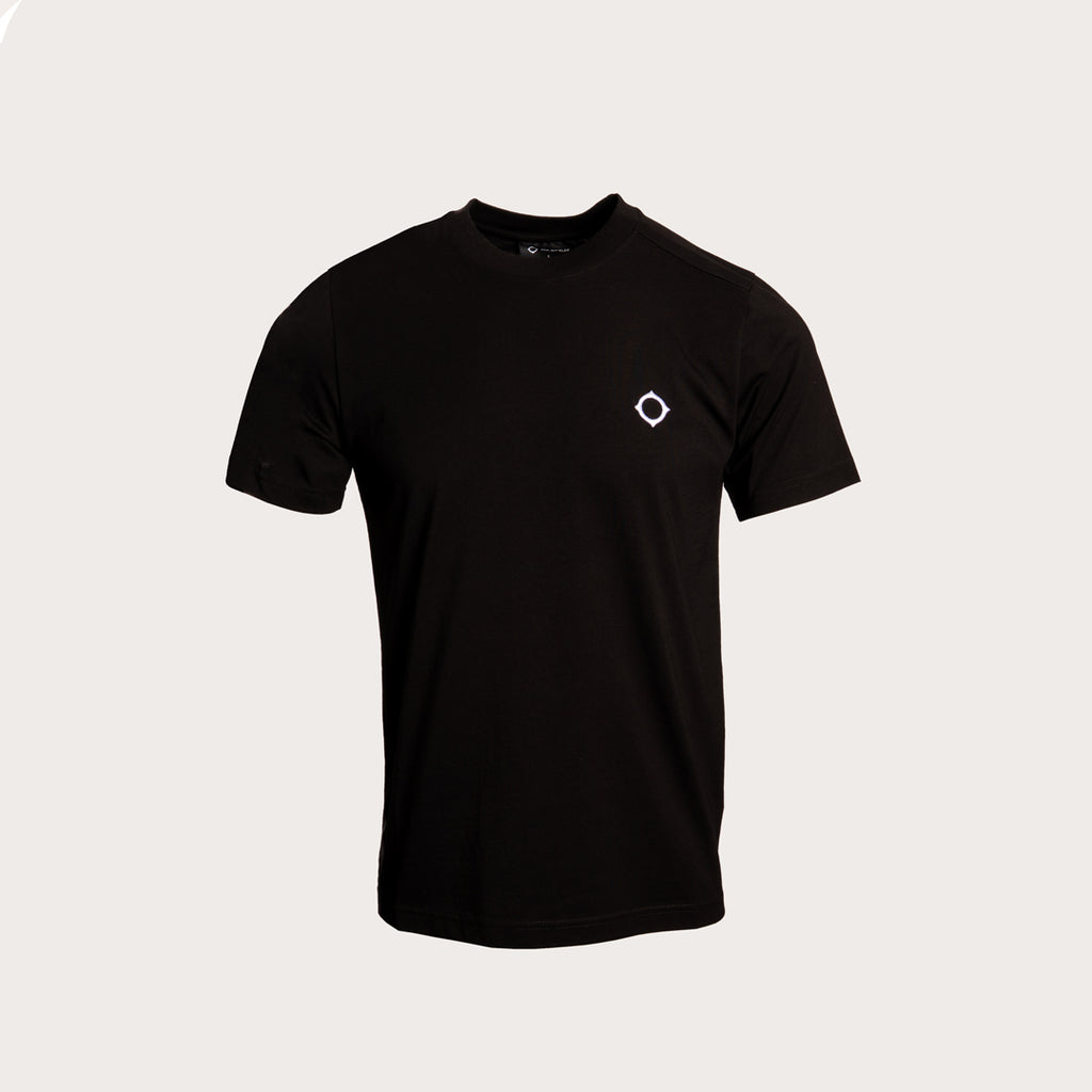 A black short-sleeve crewneck t-shirt with a small white geometric diamond logo on the left chest, displayed on a light gray background. MA.Strum T-Shirt available at Sakks Menswear in Southampton