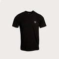 A black short-sleeve crewneck t-shirt with a small white geometric diamond logo on the left chest, displayed on a light gray background. MA.Strum T-Shirt available at Sakks Menswear in Southampton