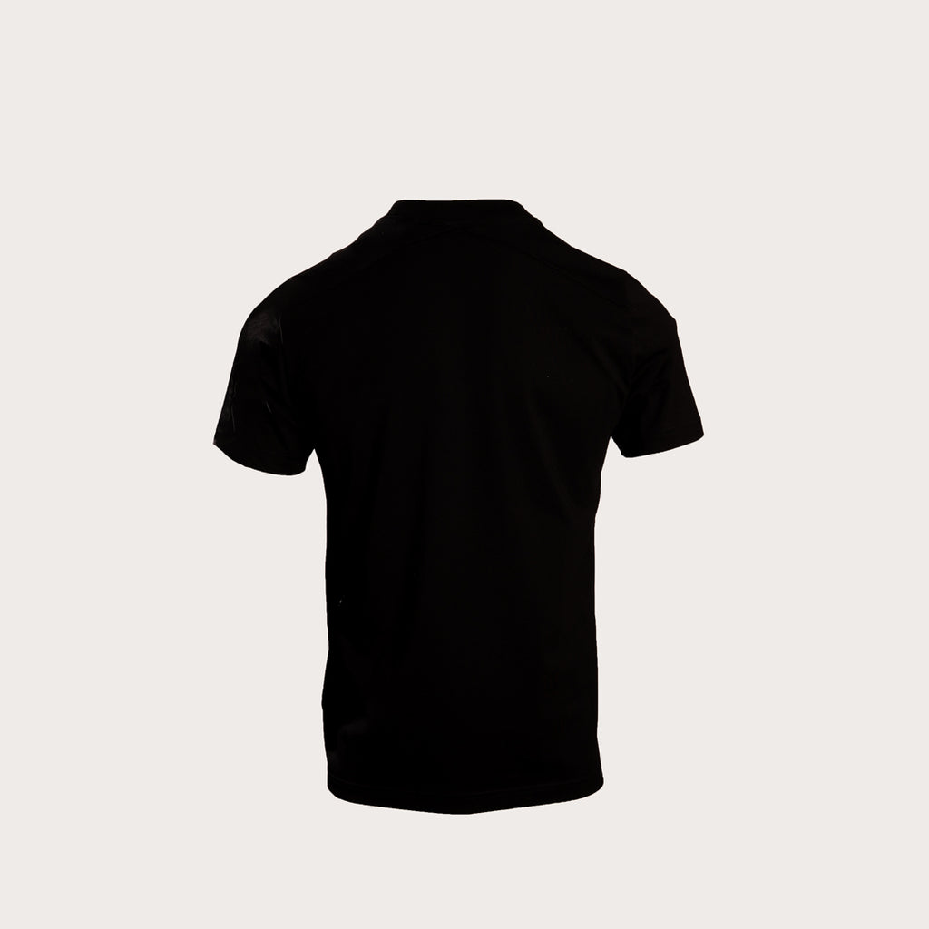A black short-sleeve crewneck t-shirt shown from the back, centered on a light beige background. MA.Strum T-Shirt available at Sakks Menswear in Southampton